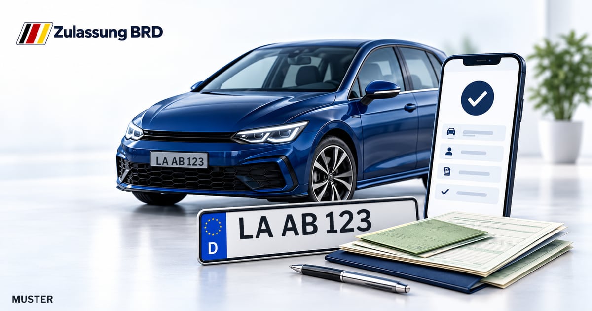 Online Fahrzeugzulassung in Landshut: Musterkennzeichen LA AB 123, Auto und Fahrzeugpapiere und Smartphone. Illustration mit Logo von Zulassung BRD.